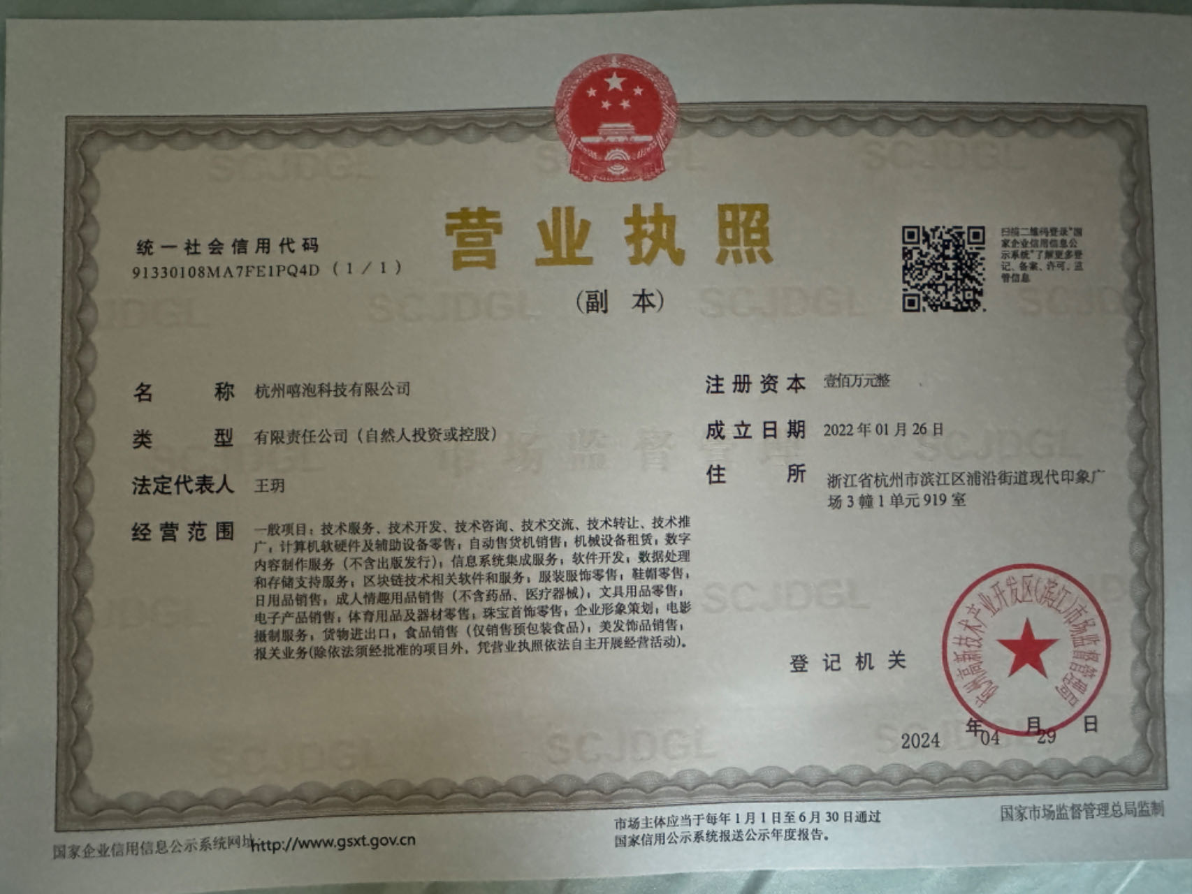 Business registration license — Hangzhou Xipao Technology Co., Ltd.